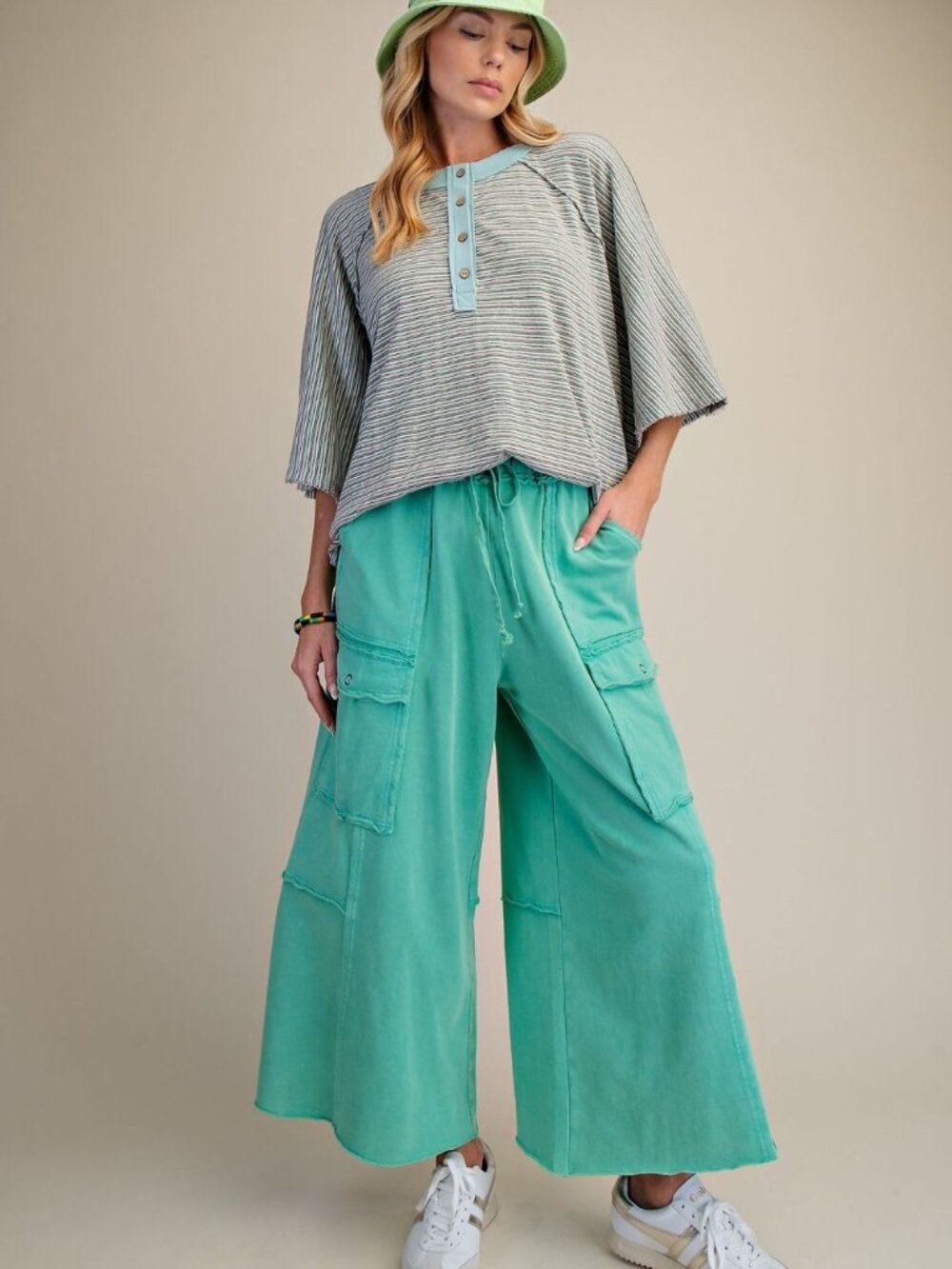 EASEL WASHED WIDE LEGS TERRY CARGO PANTS 100% COTTON